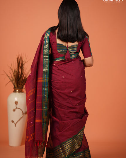 Chettinad cotton saree maroon and green with thread woven buttas and zari woven border