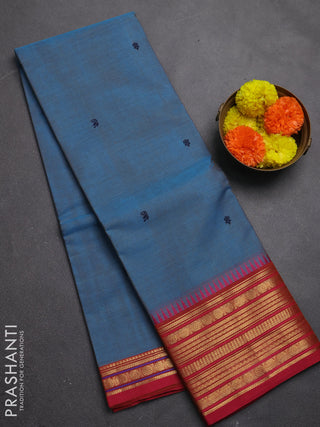 Chettinad cotton saree blue and blue with thread woven buttas and zari woven border