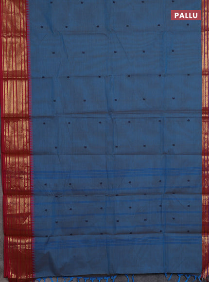 Chettinad cotton saree blue and blue with thread woven buttas and zari woven border