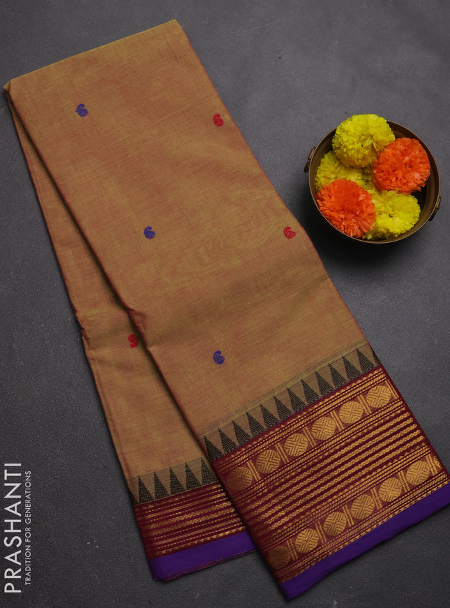 Chettinad cotton saree dual shade of pinkish green and violet with thread woven buttas and zari woven border