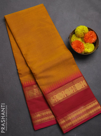 Chettinad cotton saree mustard yellow and pink with plain body and rettapet zari woven border