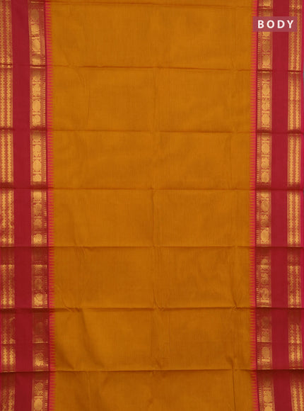 Chettinad cotton saree mustard yellow and pink with plain body and rettapet zari woven border