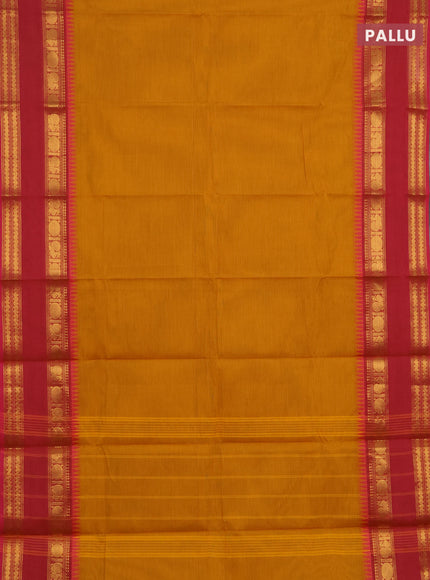 Chettinad cotton saree mustard yellow and pink with plain body and rettapet zari woven border