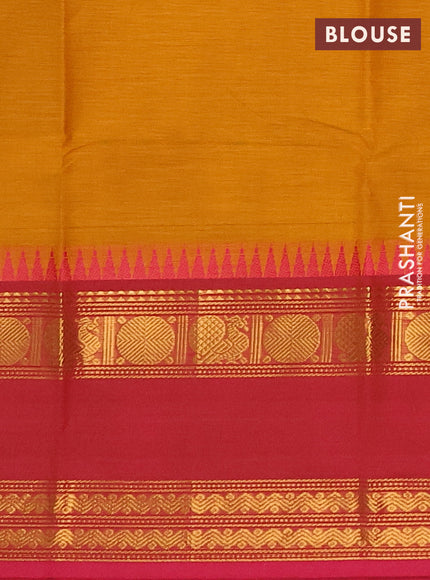 Chettinad cotton saree mustard yellow and pink with plain body and rettapet zari woven border