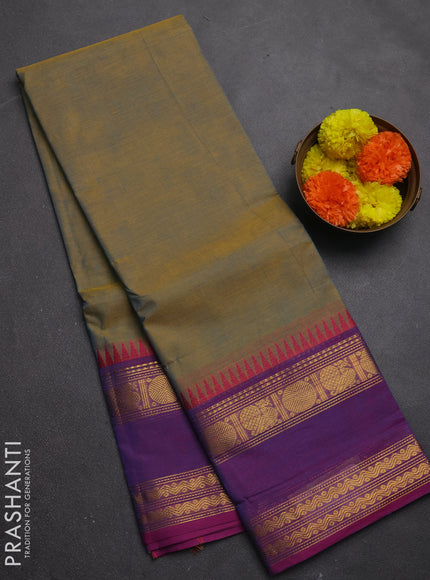 Chettinad cotton saree dual shade of mustard yellow and purple with plain body and rettapet zari woven border