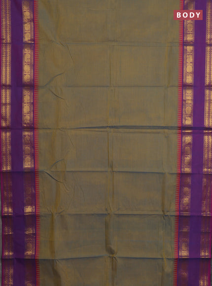 Chettinad cotton saree dual shade of mustard yellow and purple with plain body and rettapet zari woven border