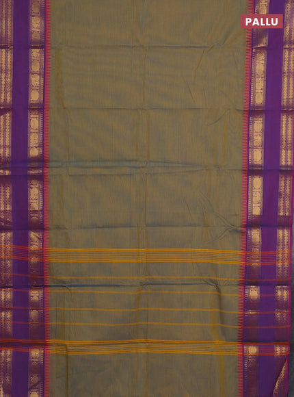 Chettinad cotton saree dual shade of mustard yellow and purple with plain body and rettapet zari woven border