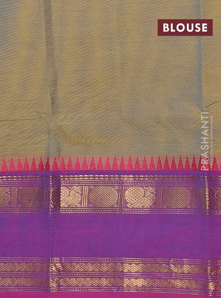 Chettinad cotton saree dual shade of mustard yellow and purple with plain body and rettapet zari woven border