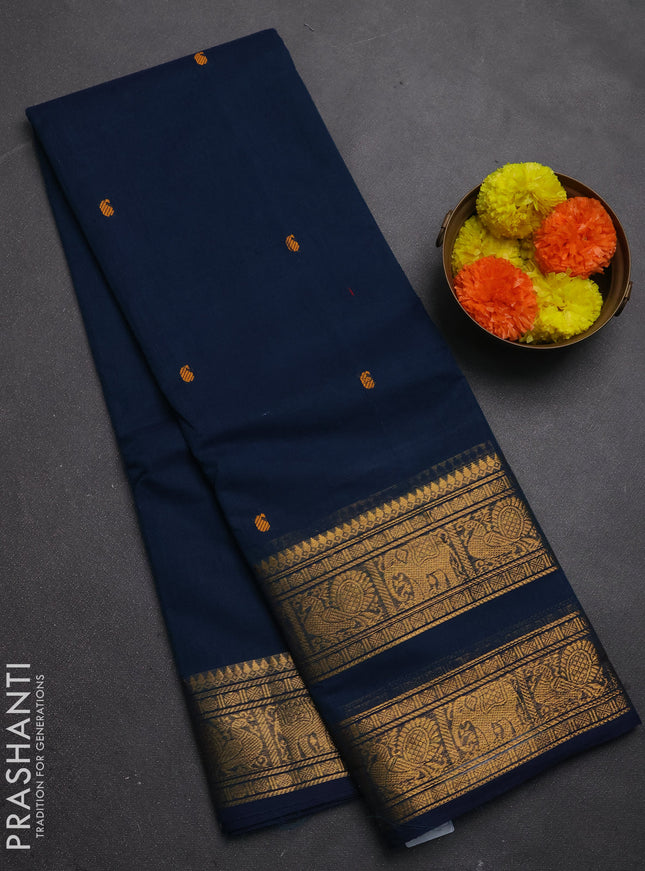 Chettinad cotton saree peacock blue with thread woven buttas and rettapet zari woven border