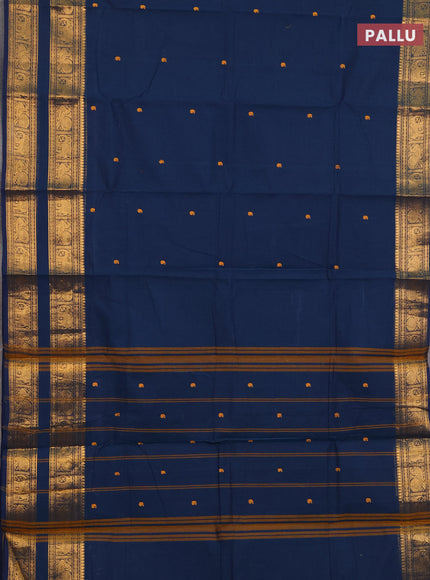 Chettinad cotton saree peacock blue with thread woven buttas and rettapet zari woven border