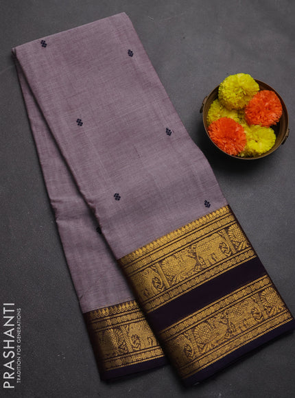 Chettinad cotton saree grey shade and navy blue with thread woven buttas and rettapet zari woven border
