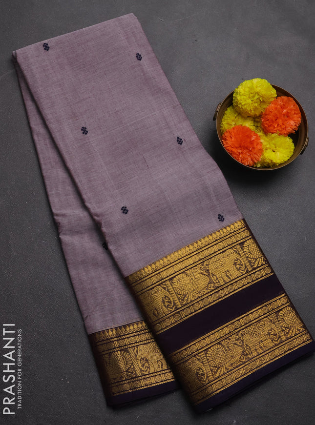 Chettinad cotton saree grey shade and navy blue with thread woven buttas and rettapet zari woven border