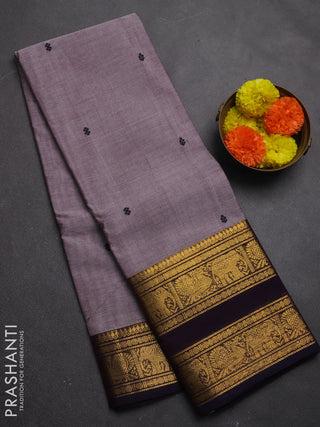Chettinad cotton saree grey shade and navy blue with thread woven buttas and rettapet zari woven border