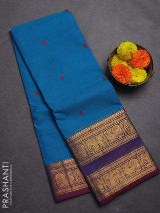Chettinad cotton saree cs blue and purple with thread woven buttas and rettapet zari woven border