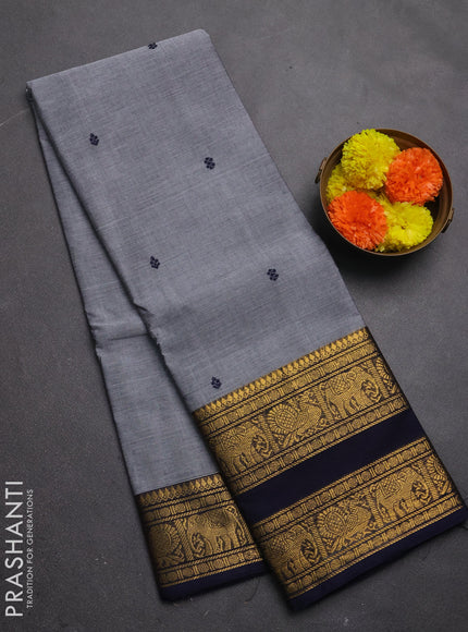 Chettinad cotton saree grey and navy blue with thread woven buttas and rettapet zari woven border