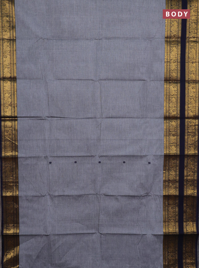 Chettinad cotton saree grey and navy blue with thread woven buttas and rettapet zari woven border