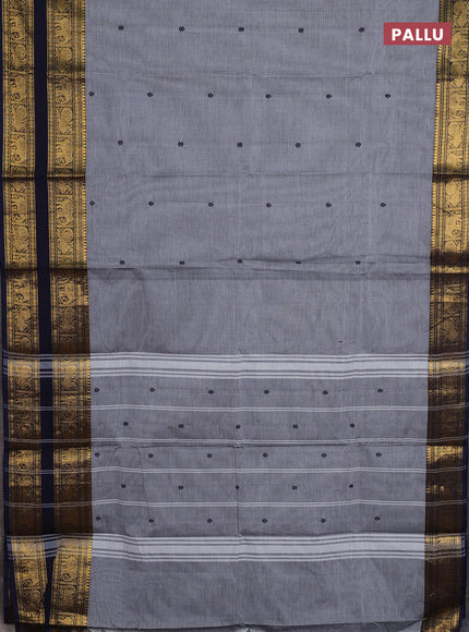Chettinad cotton saree grey and navy blue with thread woven buttas and rettapet zari woven border