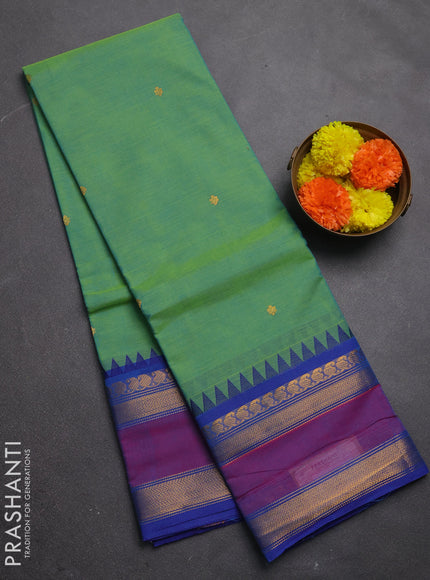 Chettinad cotton saree light green and blue with zari woven buttas and rettapet zari woven border
