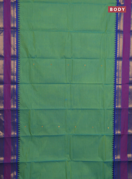 Chettinad cotton saree light green and blue with zari woven buttas and rettapet zari woven border