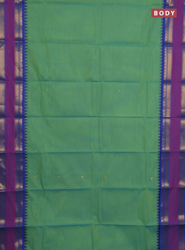 Chettinad cotton saree light green and blue with zari woven buttas and rettapet zari woven border