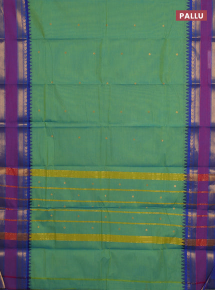 Chettinad cotton saree light green and blue with zari woven buttas and rettapet zari woven border