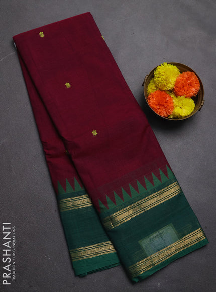 Chettinad cotton saree maroon and green with thread woven buttas and rettapet zari woven border
