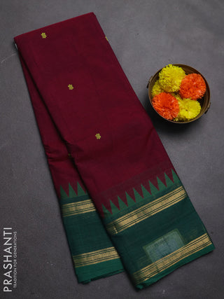 Chettinad cotton saree maroon and green with thread woven buttas and rettapet zari woven border