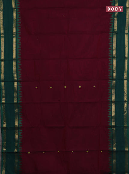 Chettinad cotton saree maroon and green with thread woven buttas and rettapet zari woven border