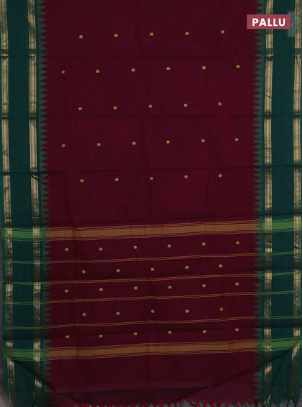 Chettinad cotton saree maroon and green with thread woven buttas and rettapet zari woven border