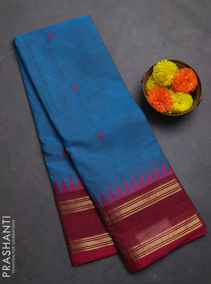 Chettinad cotton saree cs blue and maroon with thread woven buttas and rettapet zari woven border