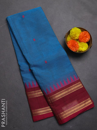 Chettinad cotton saree cs blue and maroon with thread woven buttas and rettapet zari woven border