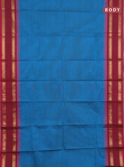 Chettinad cotton saree cs blue and maroon with thread woven buttas and rettapet zari woven border