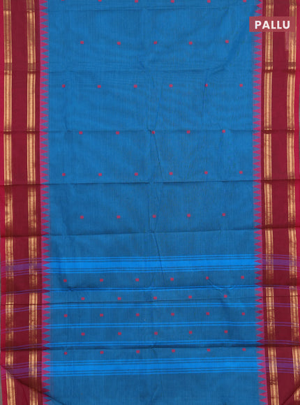 Chettinad cotton saree cs blue and maroon with thread woven buttas and rettapet zari woven border