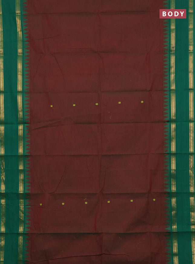 Chettinad cotton saree manthulir green and green with thread woven buttas and rettapet zari woven border
