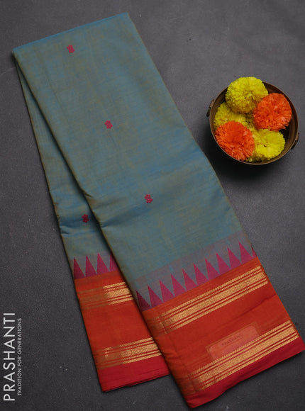 Chettinad cotton saree pastel blue and dual shade of pink with thread woven buttas and rettapet zari woven border