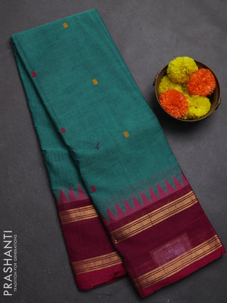 Chettinad cotton saree green shade and magenta silk with thread woven buttas and rettapet zari woven border