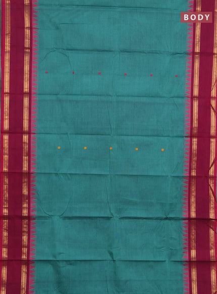 Chettinad cotton saree green shade and magenta silk with thread woven buttas and rettapet zari woven border