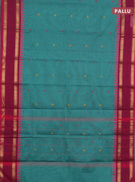 Chettinad cotton saree green shade and magenta silk with thread woven buttas and rettapet zari woven border