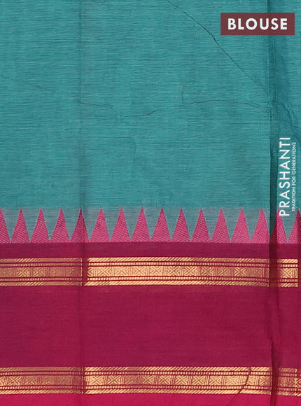 Chettinad cotton saree green shade and magenta silk with thread woven buttas and rettapet zari woven border