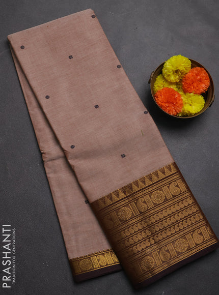 Chettinad cotton saree sandal and brown with thread woven buttas and long zari woven border