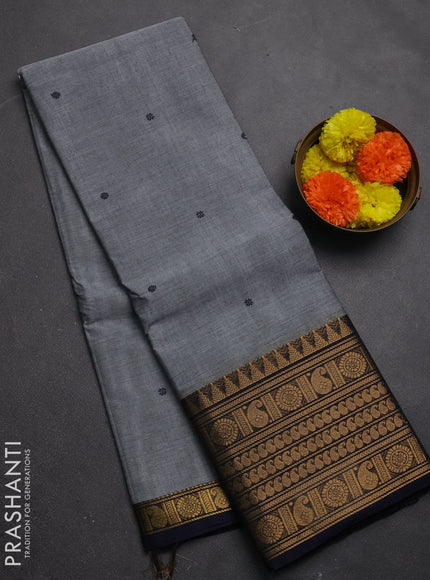 Chettinad cotton saree grey and navy blue with thread woven buttas and long zari woven border