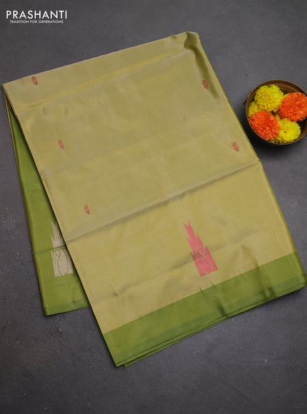 Banana pith saree light green and green with thread woven buttas and contrast border