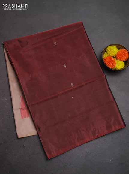 Banana pith saree deep maroon and beige with thread woven buttas in borderless style