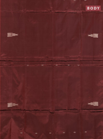 Banana pith saree deep maroon and beige with thread woven buttas in borderless style