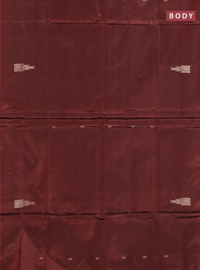 Banana pith saree deep maroon and beige with thread woven buttas in borderless style