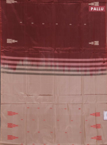 Banana pith saree deep maroon and beige with thread woven buttas in borderless style