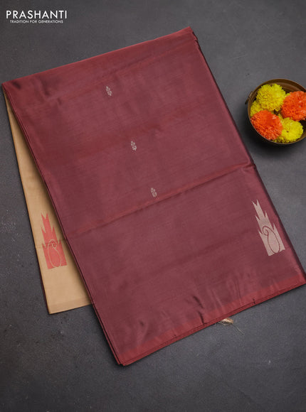 Banana pith saree maroon and sandal with thread woven buttas in borderless style