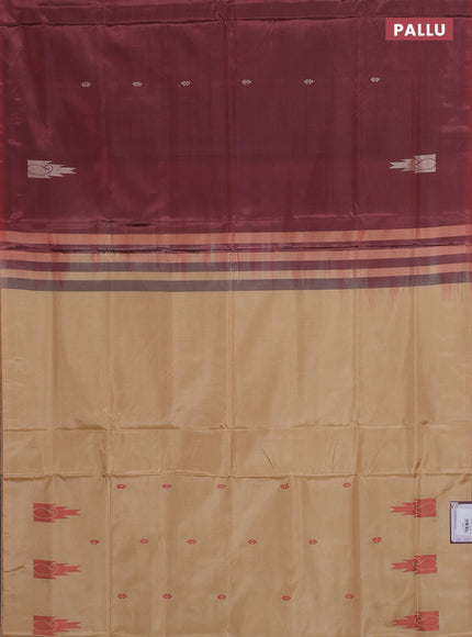 Banana pith saree maroon and sandal with thread woven buttas in borderless style