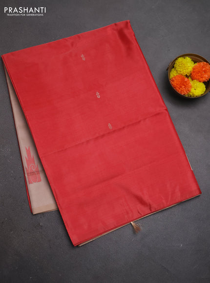 Banana pith saree maroon and beige with thread woven buttas in borderless style