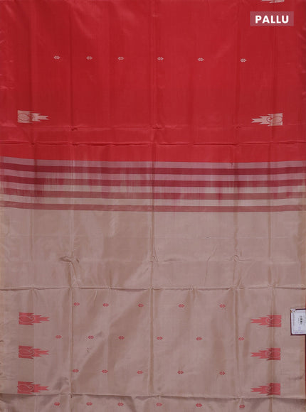 Banana pith saree maroon and beige with thread woven buttas in borderless style